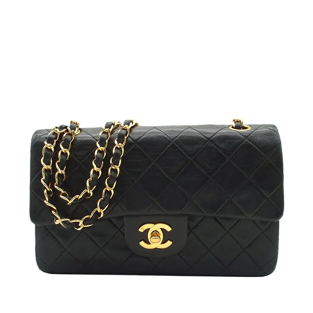 Chanel Small Classic Lambskin Double Flap Black Leather Very good - Front View