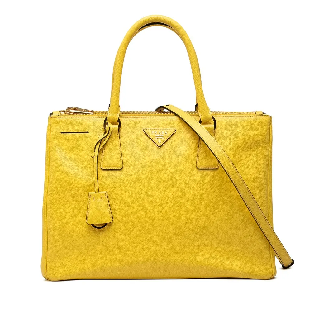 Prada Medium Saffiano Lux Galleria Double Zip Satchel Yellow Leather Very good - Front View