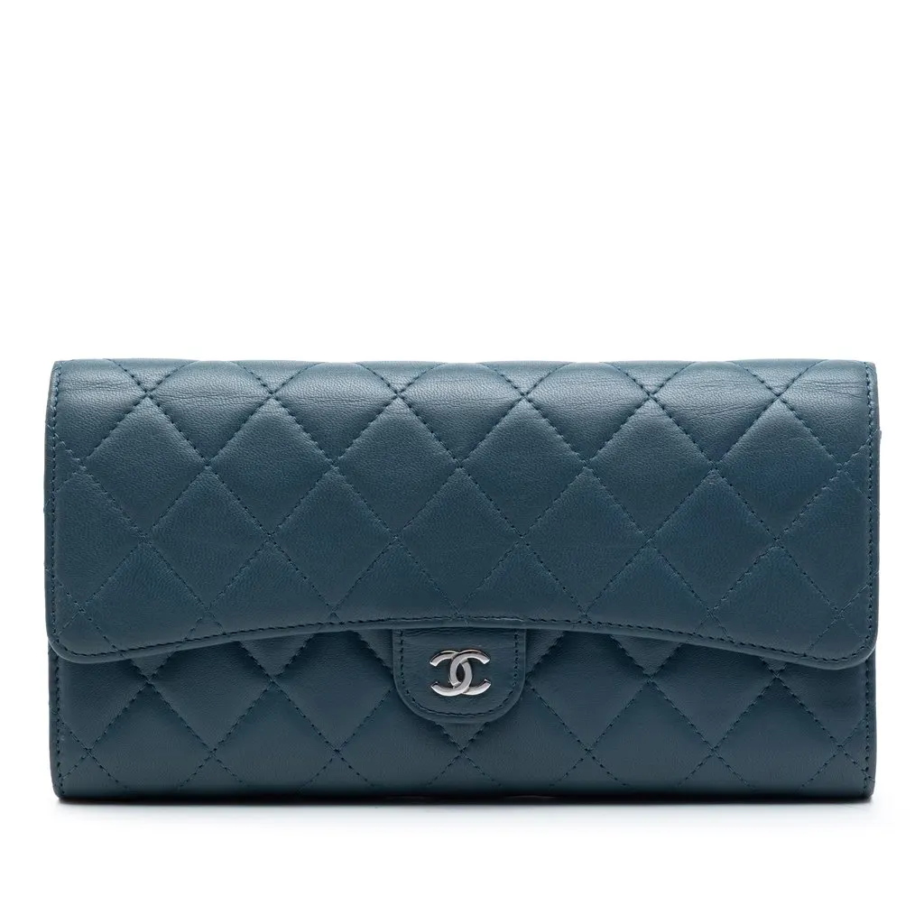 Chanel CC Lambskin Classic Long Flap Wallet Blue Leather Very good - Front View