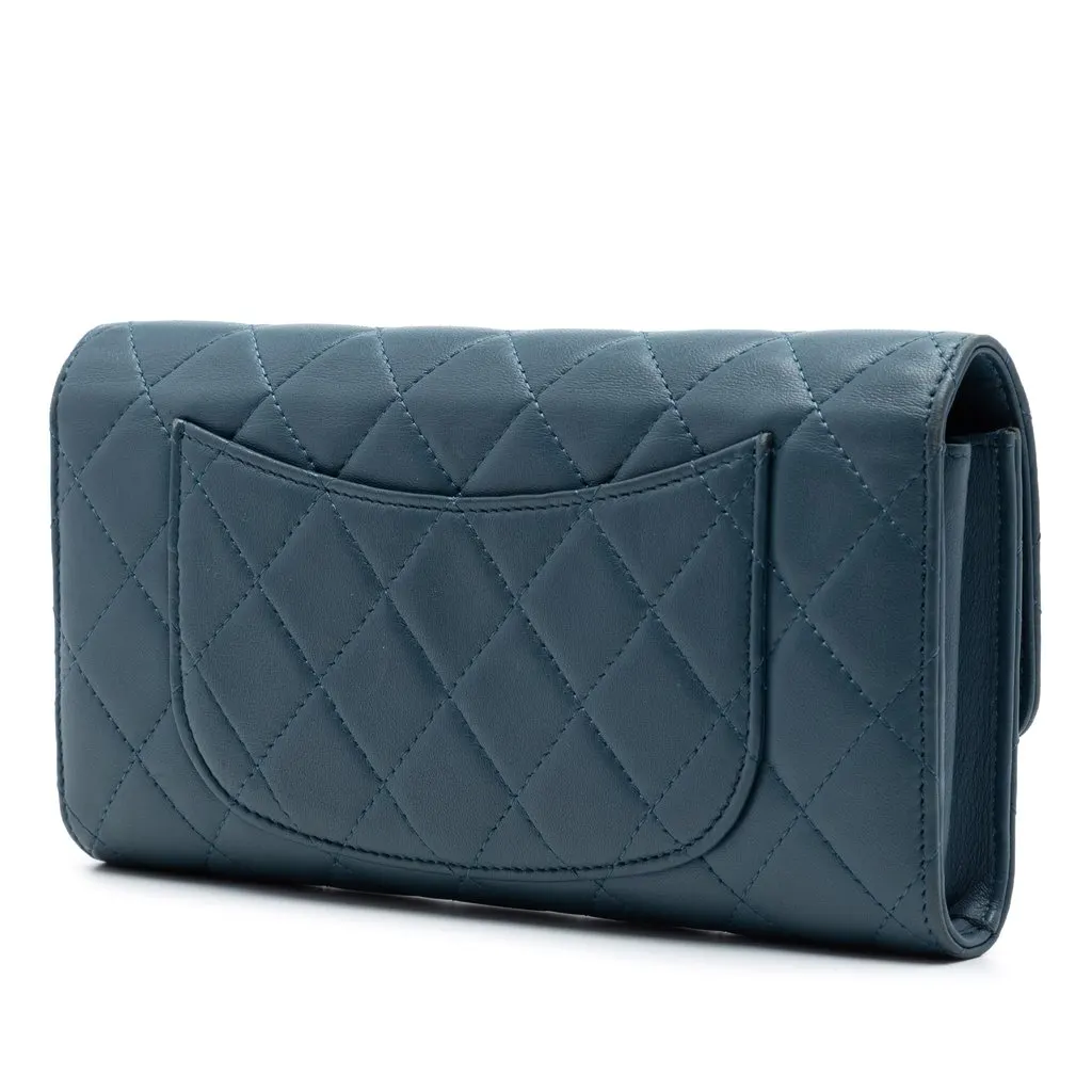 Chanel CC Lambskin Classic Long Flap Wallet Blue Leather Very good - Back View