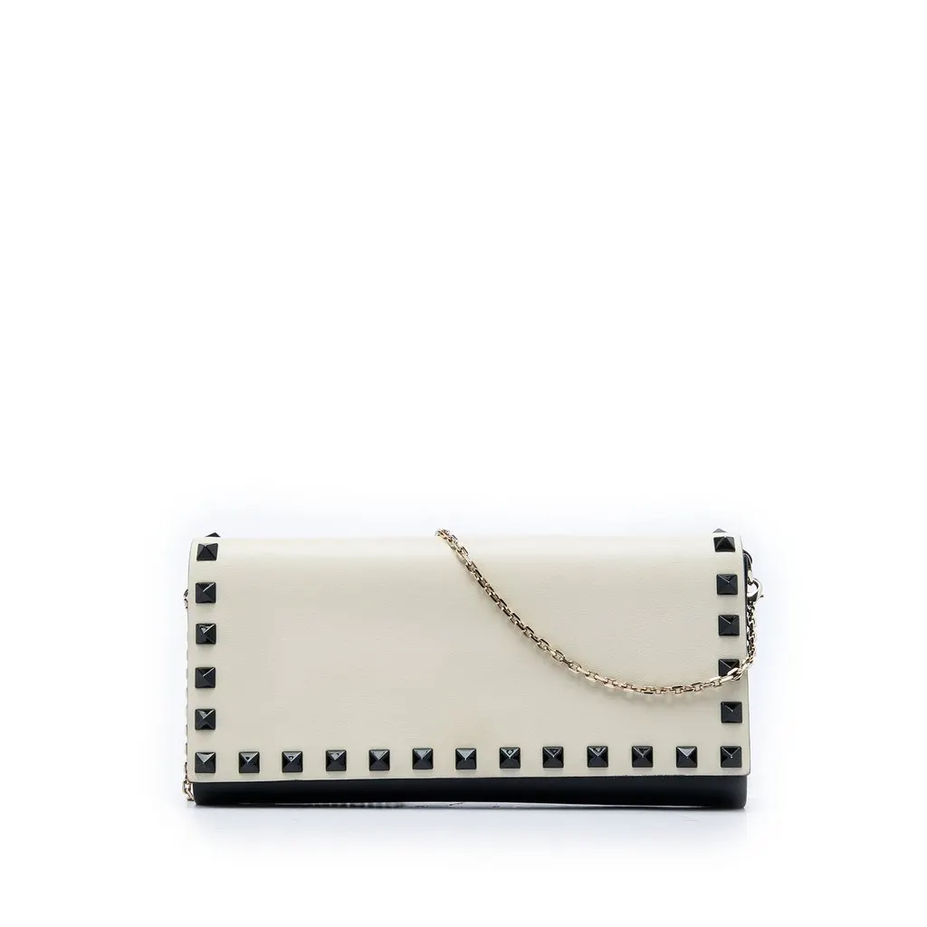 Valentino Bicolor Leather Rockstud Wallet on Chain Beige Leather Very good - Front View