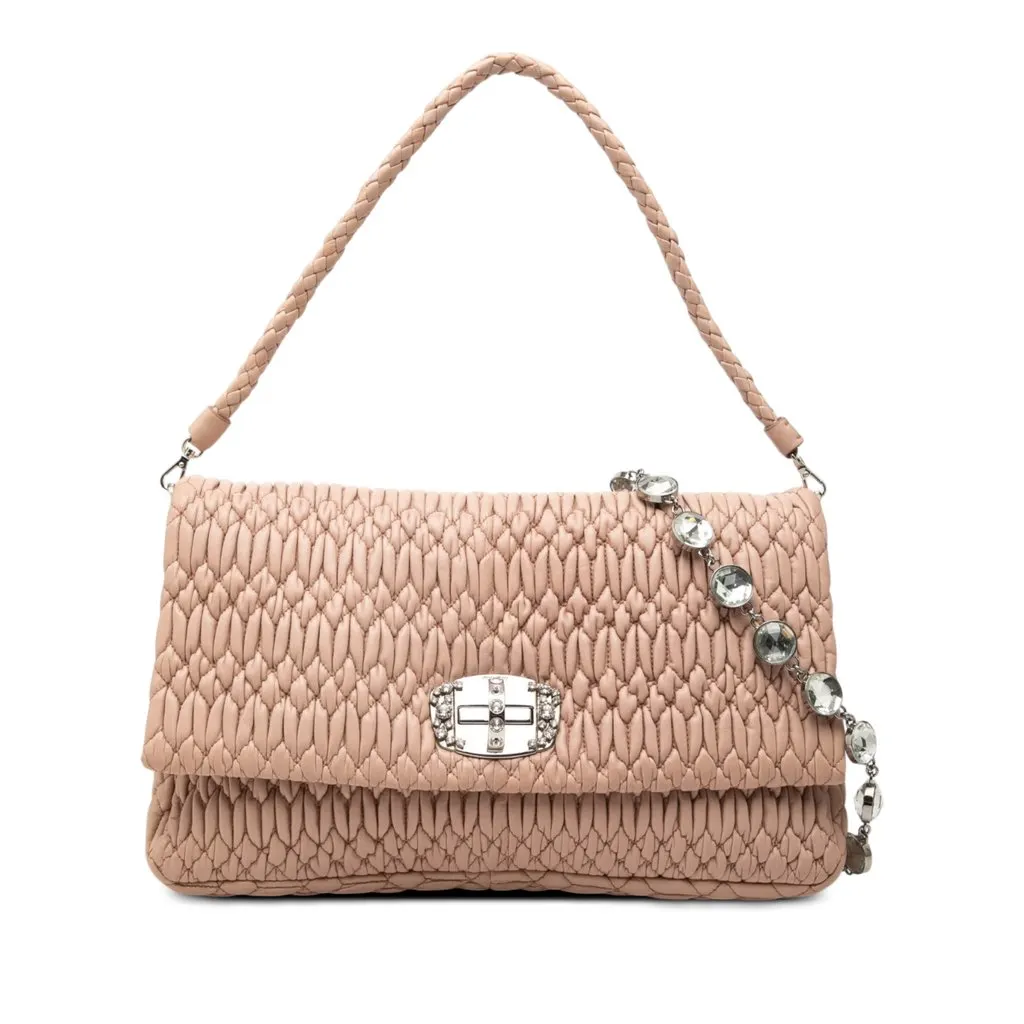 Miu Miu Matelasse Nappa Crystal Chain Satchel Brown Leather Very good - Front View