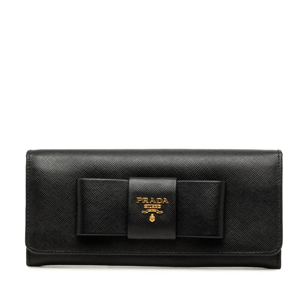 Prada Saffiano Lux Bow Continental Wallet Black Leather Good - Front View