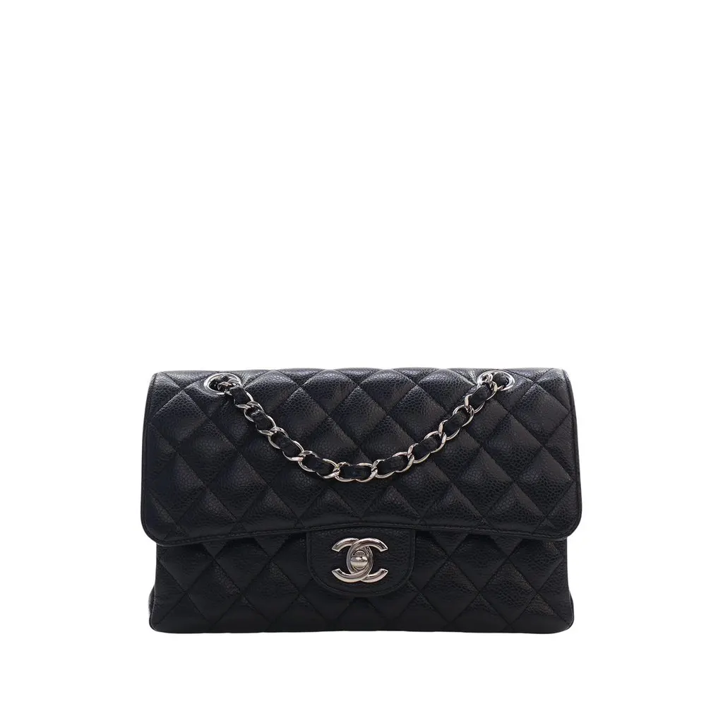 Chanel Small Classic Caviar Double Flap Black Leather Good - Front View