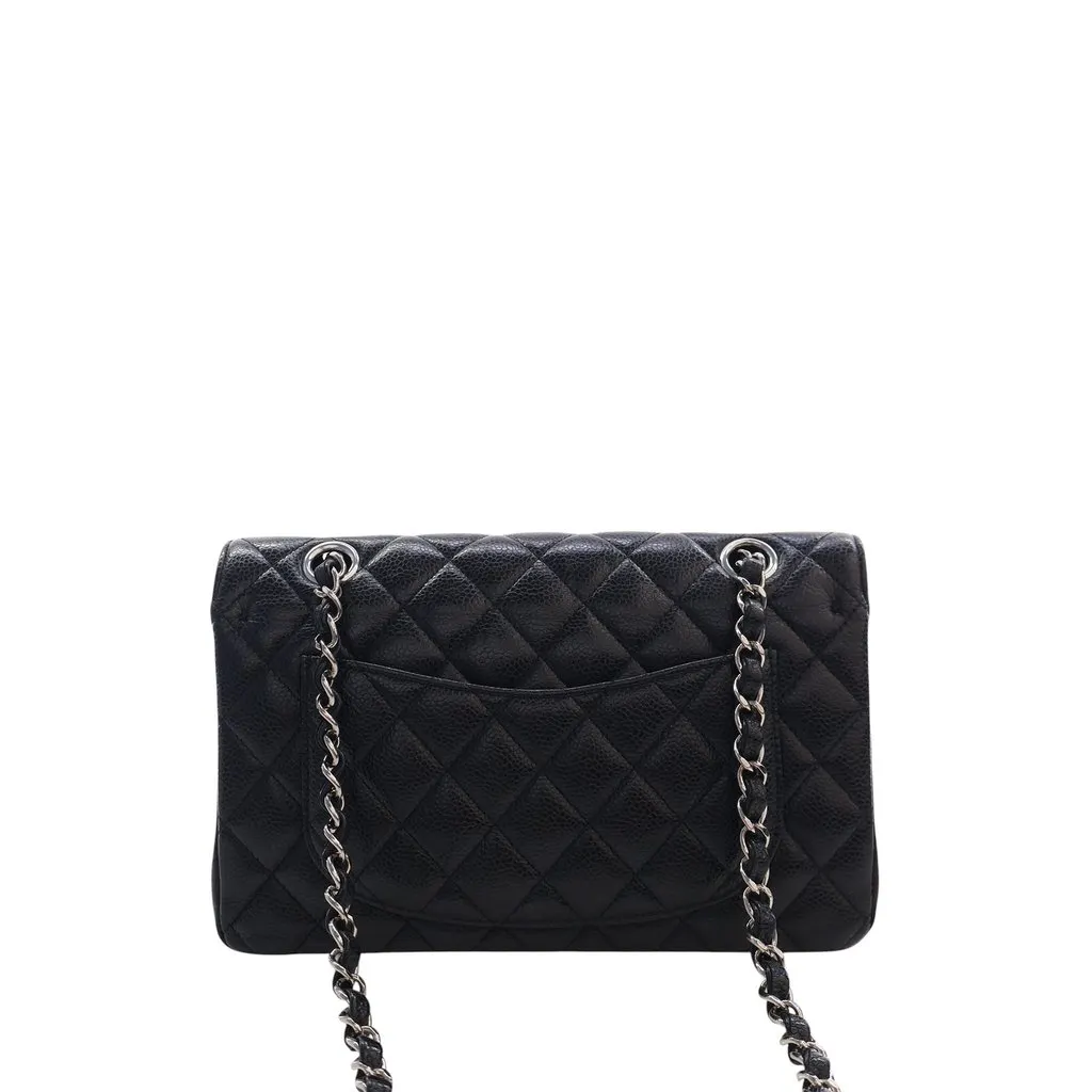Chanel Small Classic Caviar Double Flap Black Leather Good - Back View