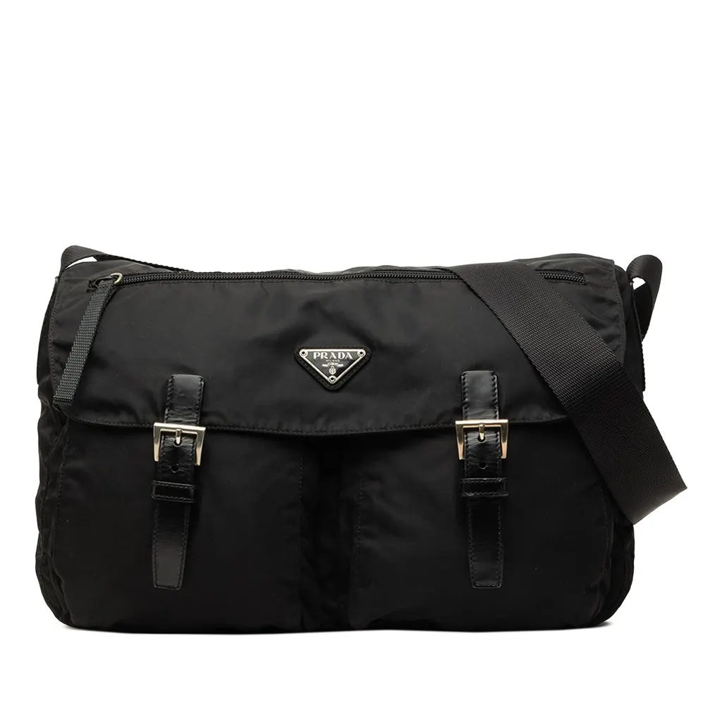 Prada Tessuto Zip Double Buckle Messenger Bag Black Polyamide Good - Front View