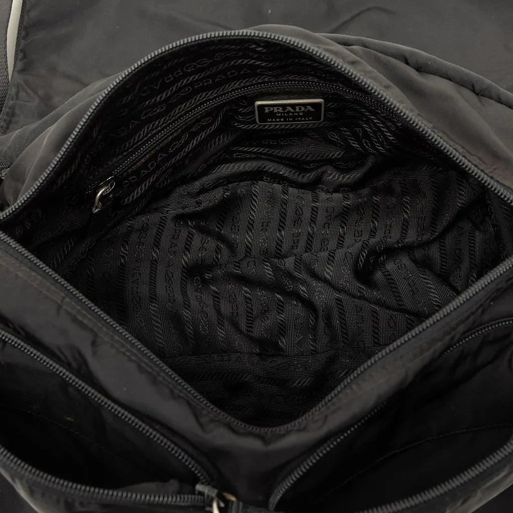 Prada Tessuto Zip Double Buckle Messenger Bag Black Polyamide Good - Model View
