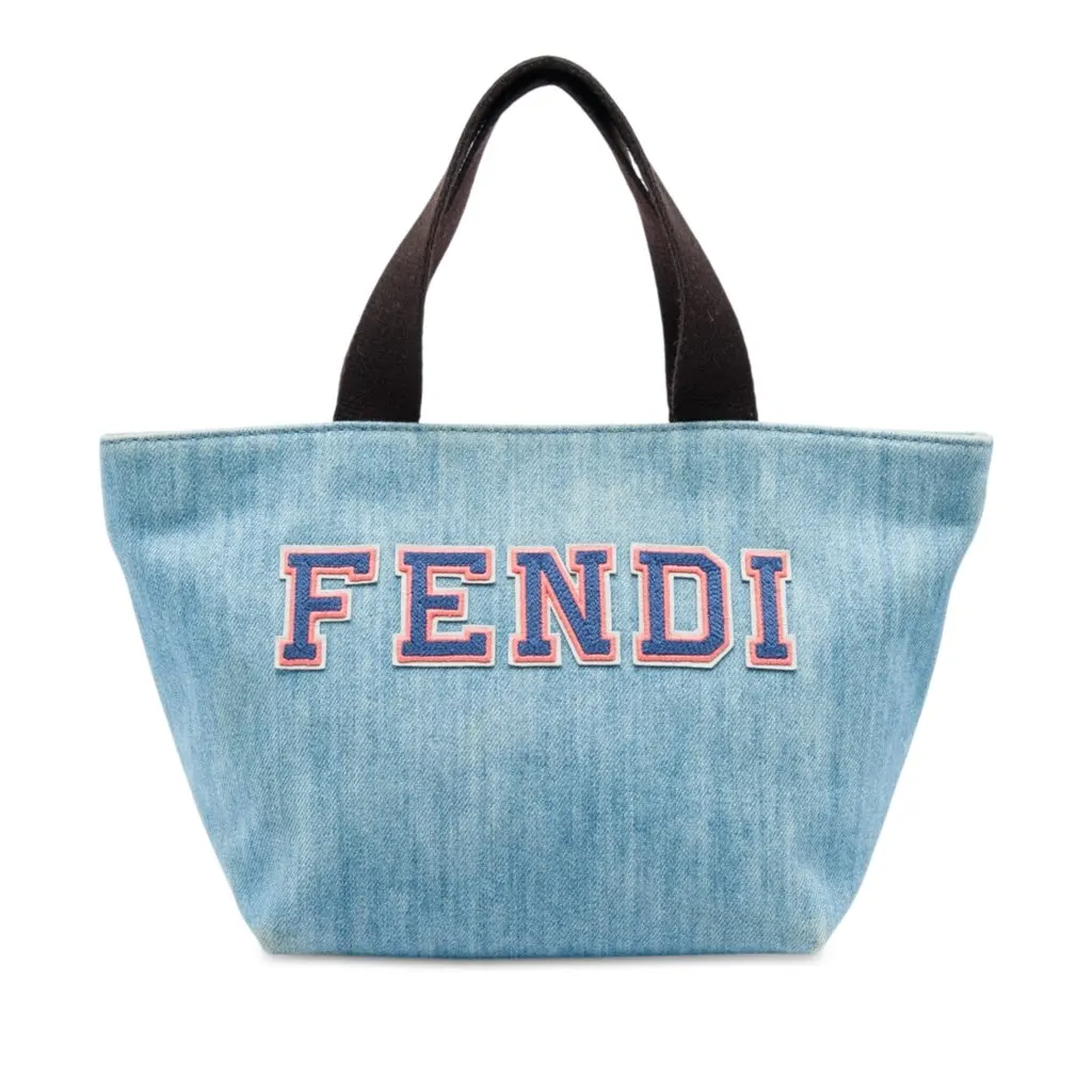 Fendi Mini Denim Embroidered Logo Tote Blue Denim Good - Front View