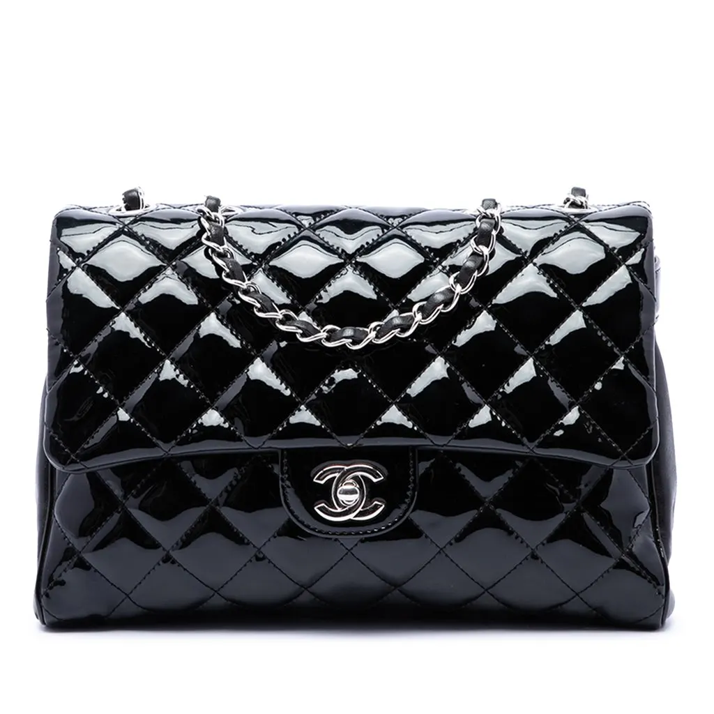 Chanel Large CC Quilted Patent Double Compartment Flap Black Leather Very good - Front View