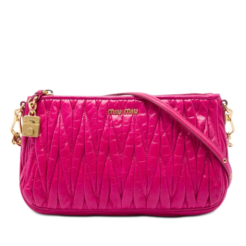 Miu Miu Matelasse Nappa Lux Charm Shoulder Bag Pink Leather Good - Front View