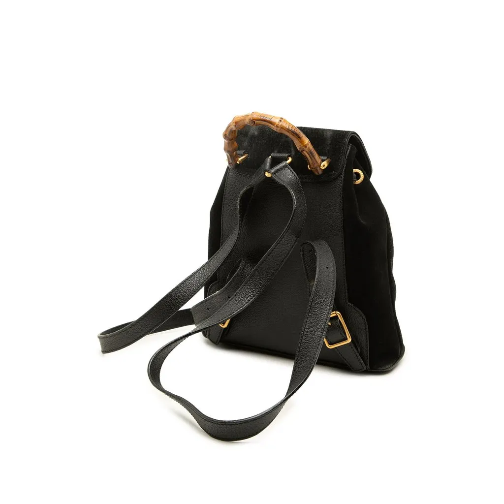 Gucci Suede Bamboo Drawstring Backpack Black Suede Good - Back View