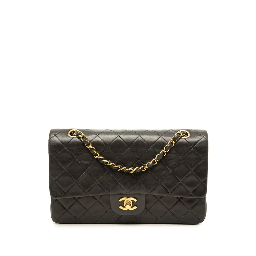 Chanel Medium Classic Lambskin Double Flap Black Leather Good - Front View