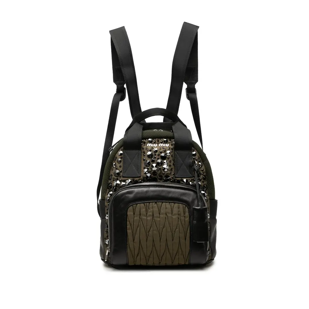 Miu Miu Leather Trimmed Crystal Embellished Matelasse Nylon Backpack Brown Polyamide Good - Front View