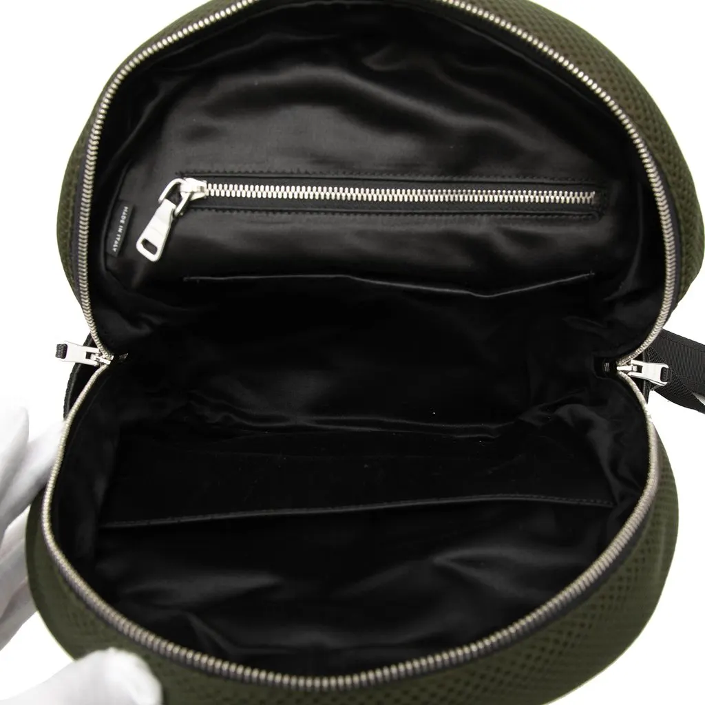 Miu Miu Leather Trimmed Crystal Embellished Matelasse Nylon Backpack Brown Polyamide Good - Model View