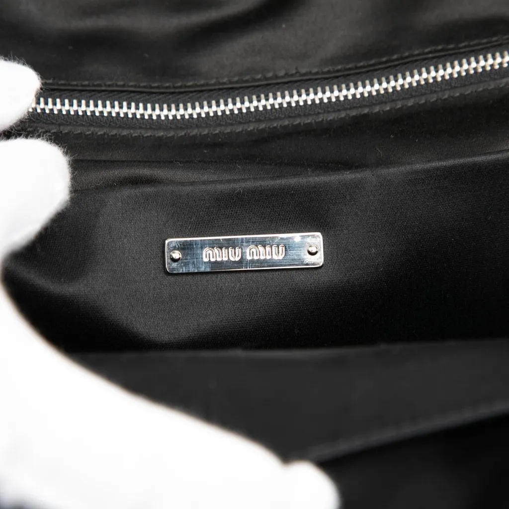 Miu Miu Leather Trimmed Crystal Embellished Matelasse Nylon Backpack Brown Polyamide Good - Box View