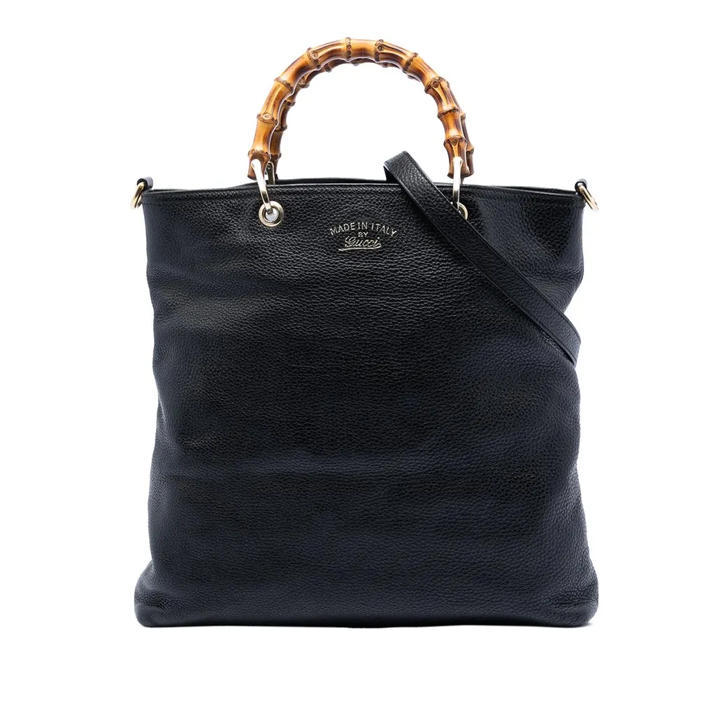 Gucci Tall Leather Bamboo Shopper Tote Black Leather Good - Front View