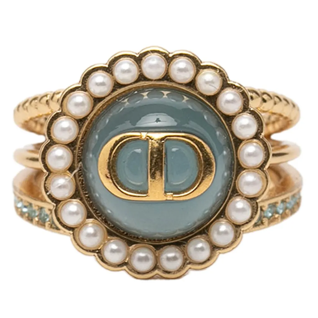 Dior Gold Plated Resin Faux Pearl Strass CD Logo Ring Gold Metal Very good - Front View