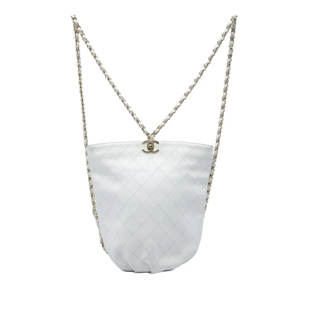 Chanel CC Quilted Calfskin Bucket Backpack White Leather Very good - Front View