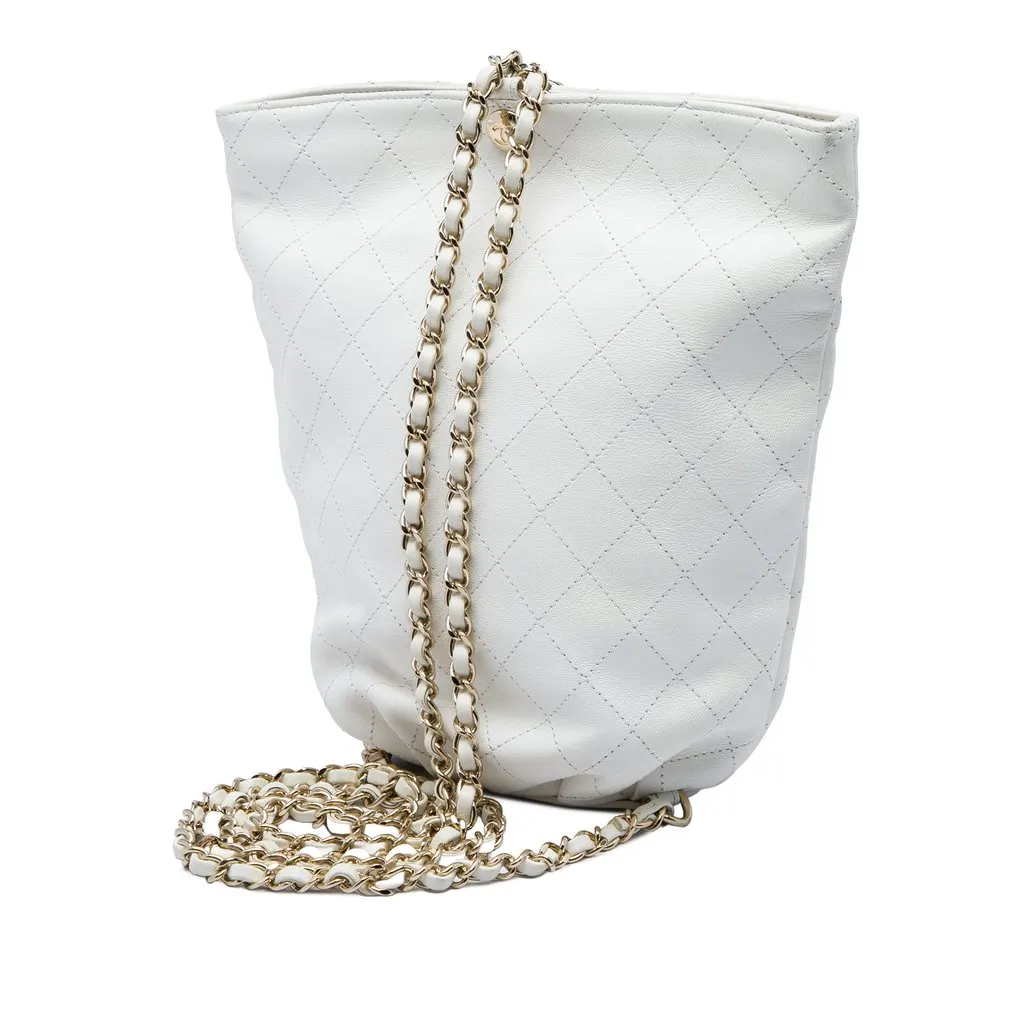 Chanel CC Quilted Calfskin Bucket Backpack White Leather Very good - Back View
