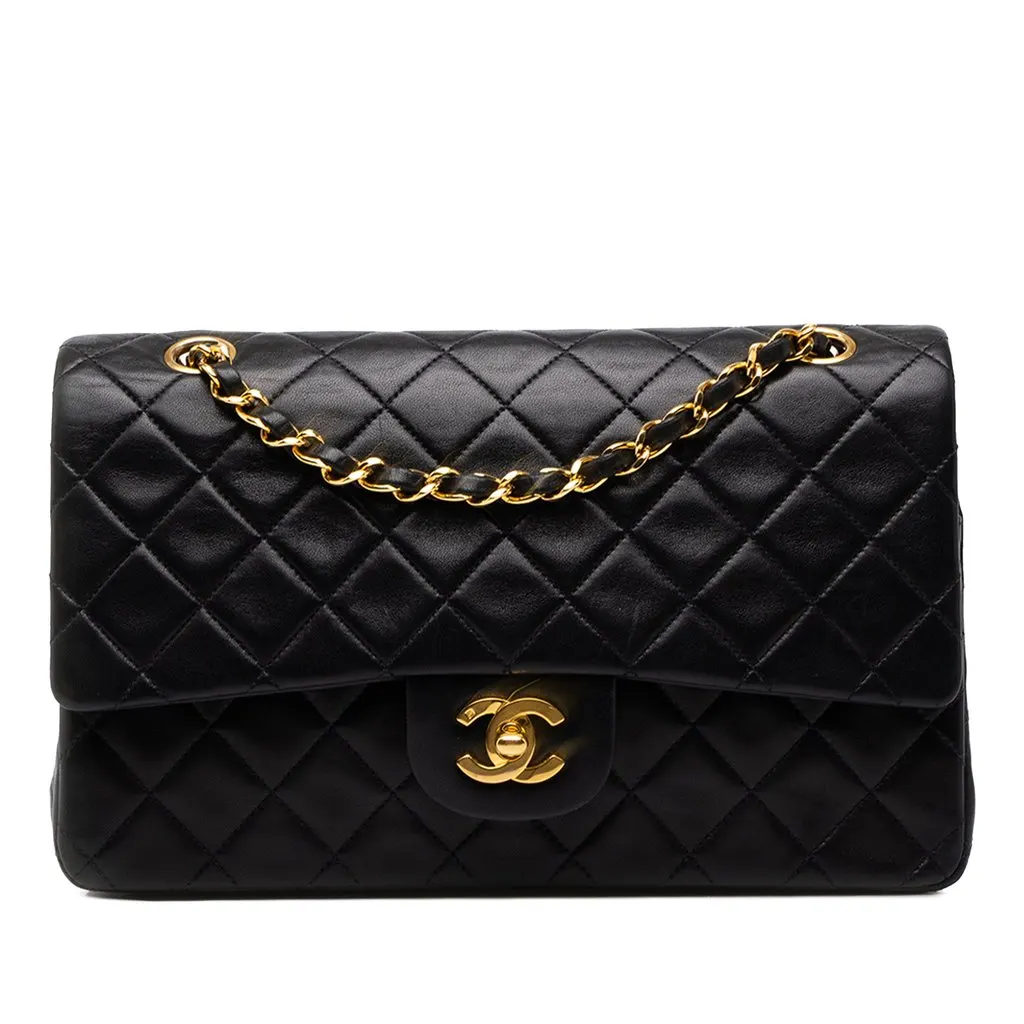 Chanel Medium Classic Lambskin Double Flap Black Leather Good - Front View