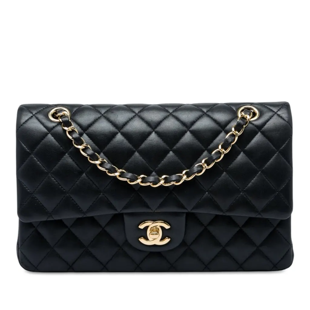 Chanel Medium Classic Lambskin Double Flap Black Leather Very good - Front View
