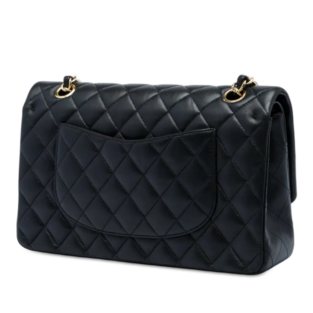 Chanel Medium Classic Lambskin Double Flap Black Leather Very good - Back View