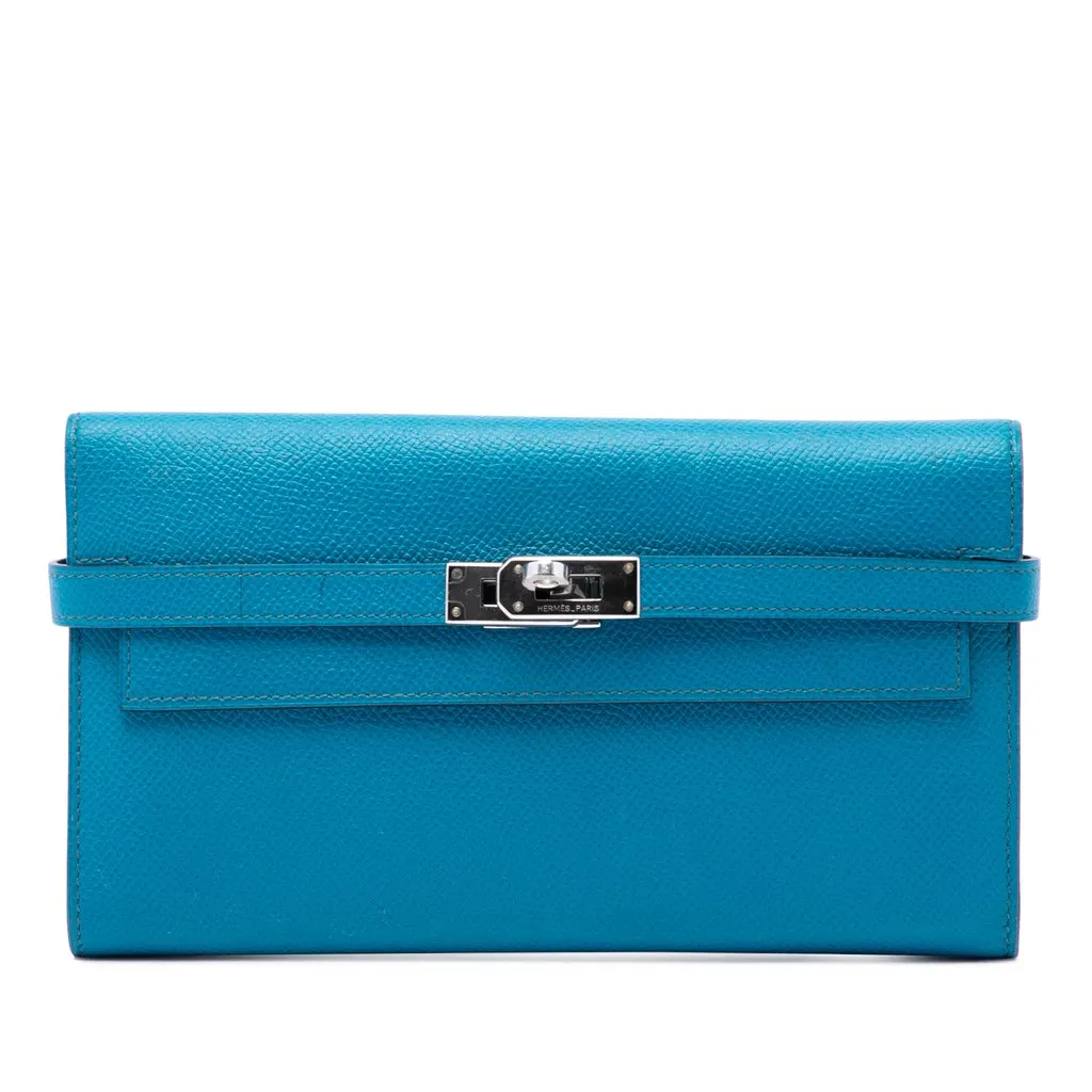 Hermès Epsom Kelly Trifold Long Wallet Blue Leather Good - Front View