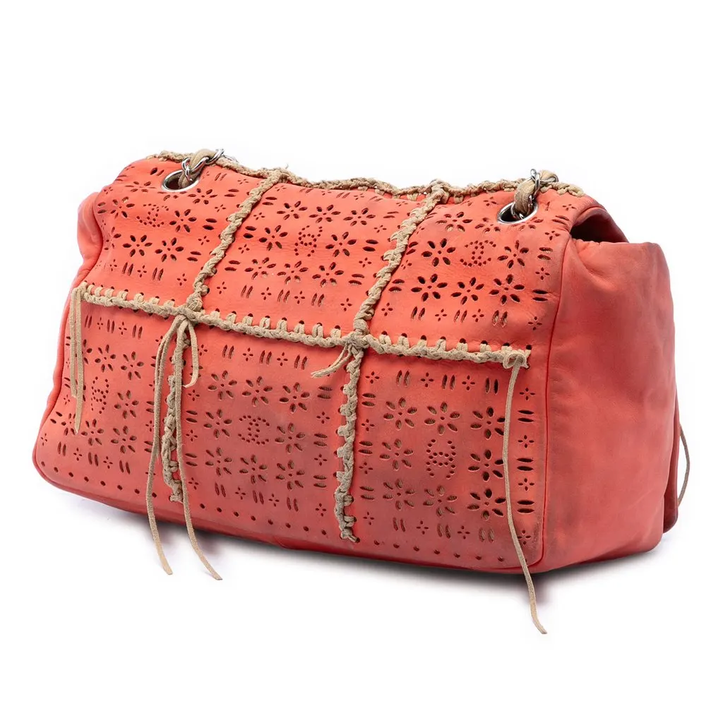 Chanel Laser Cut Fringe Suede Flap Bag Orange Leather Very good - Back View