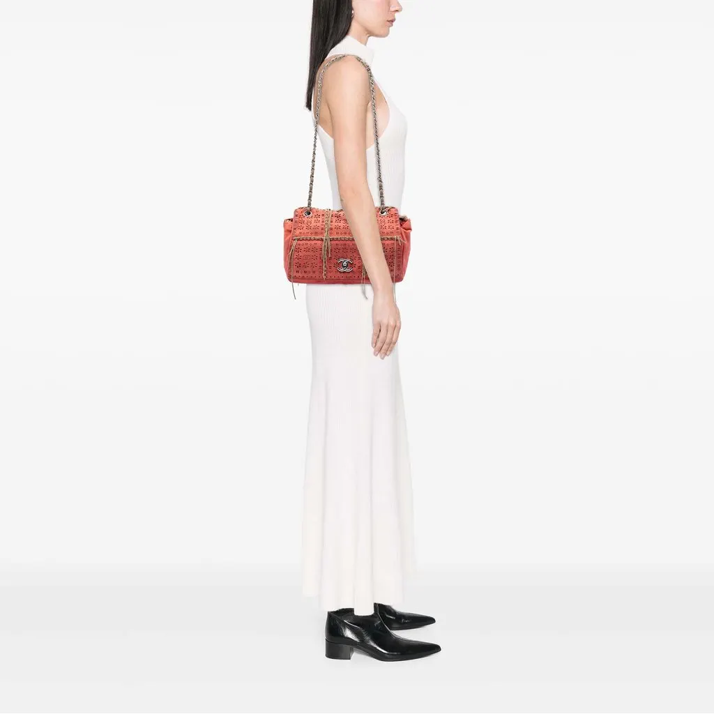 Chanel Laser Cut Fringe Suede Flap Bag Orange Leather Very good - Box View