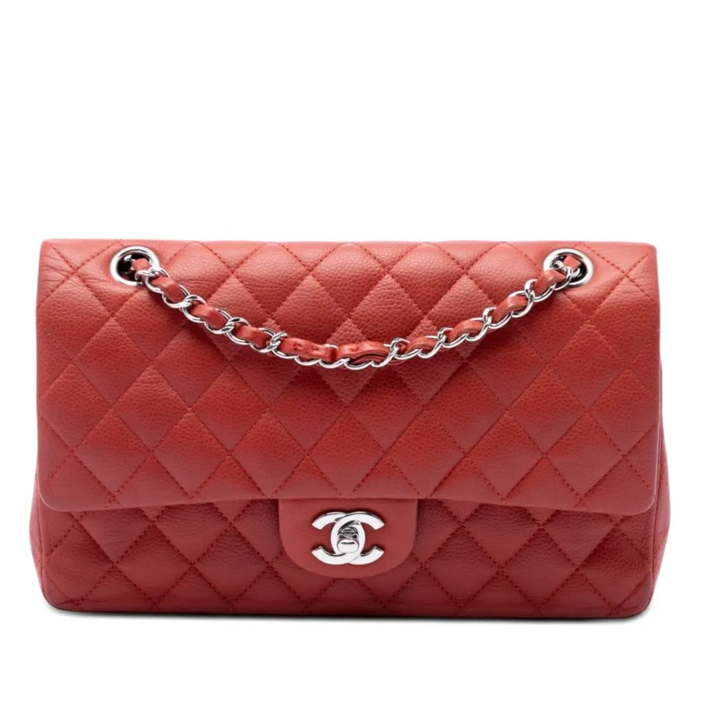 Chanel Medium Classic Caviar Double Flap Red Leather Good - Front View