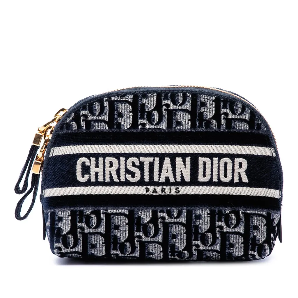 Dior Oblique Embroidered Velvet Cosmetic Pouch Blue Velvet Very good - Front View