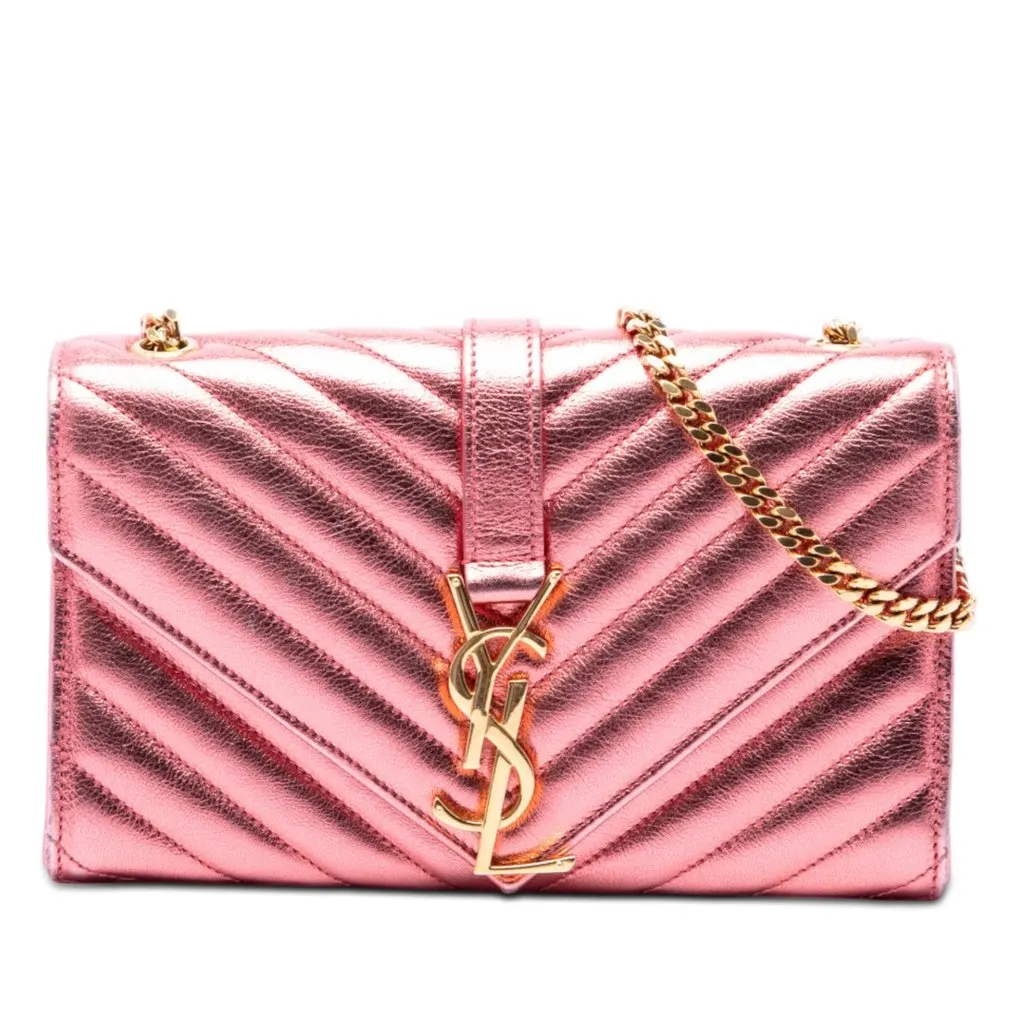Saint Laurent Small Chevron Metallic Calfskin Monogram Envelope Bag Pink Leather Very good - Front View
