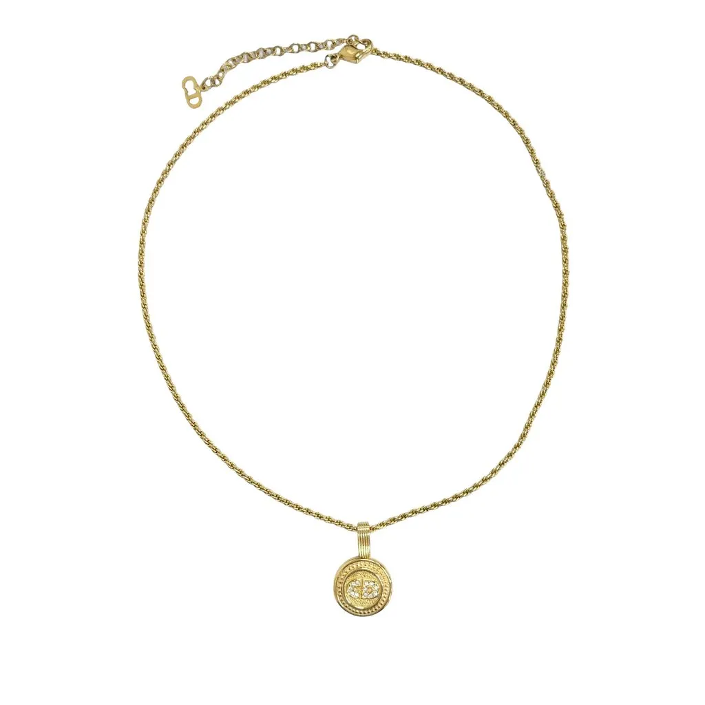 Dior Gold Plated Strass CD Logo Pendant Necklace Gold Metal Very good - Front View