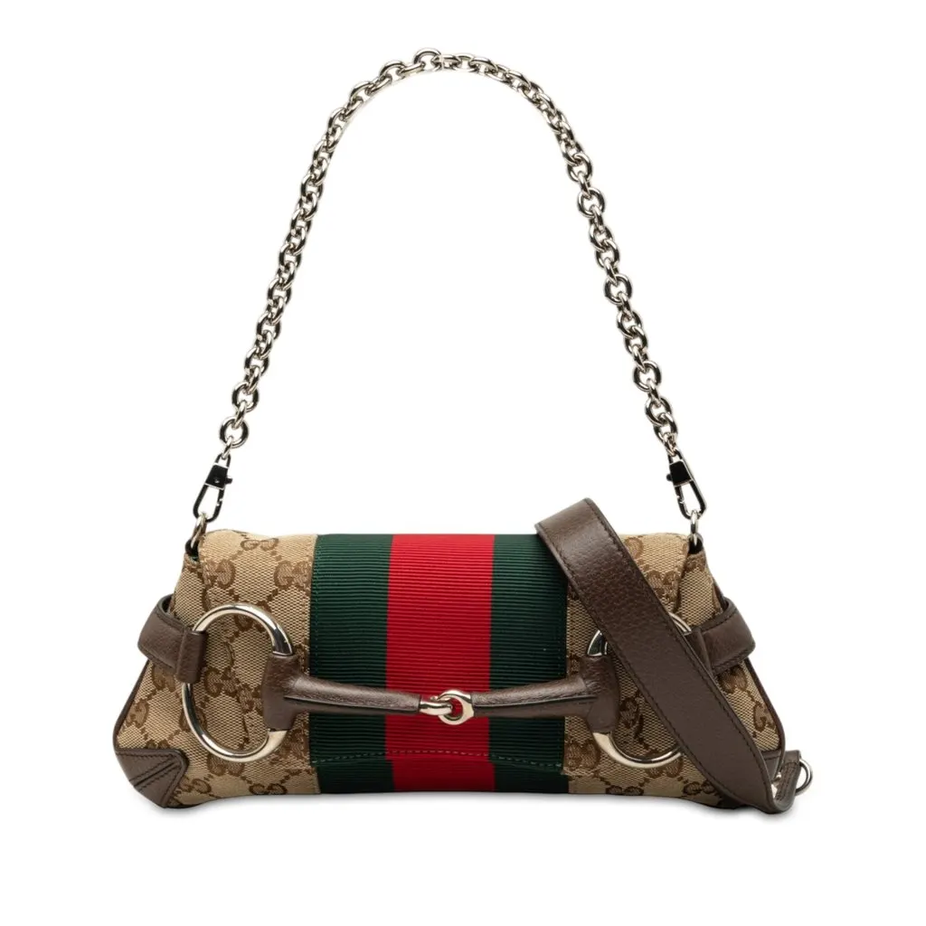 Gucci Small GG Canvas Horsebit Web Chain Satchel Beige Very good - Front View