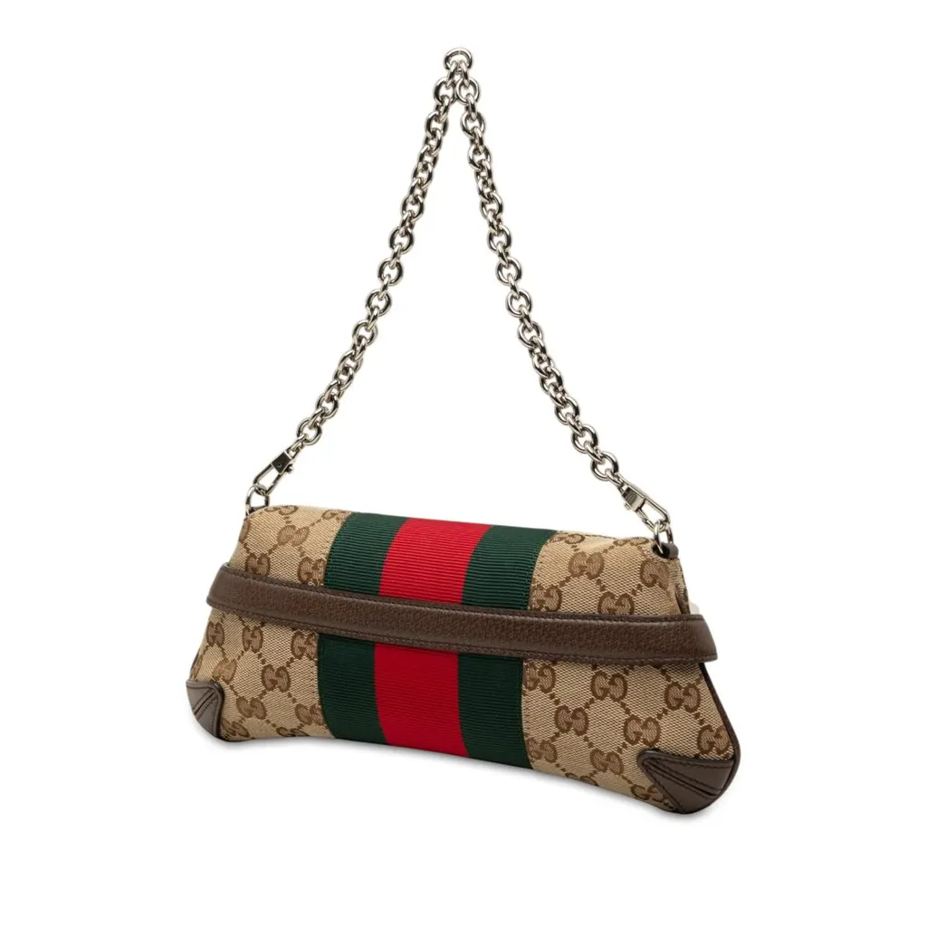 Gucci Small GG Canvas Horsebit Web Chain Satchel Beige Very good - Back View