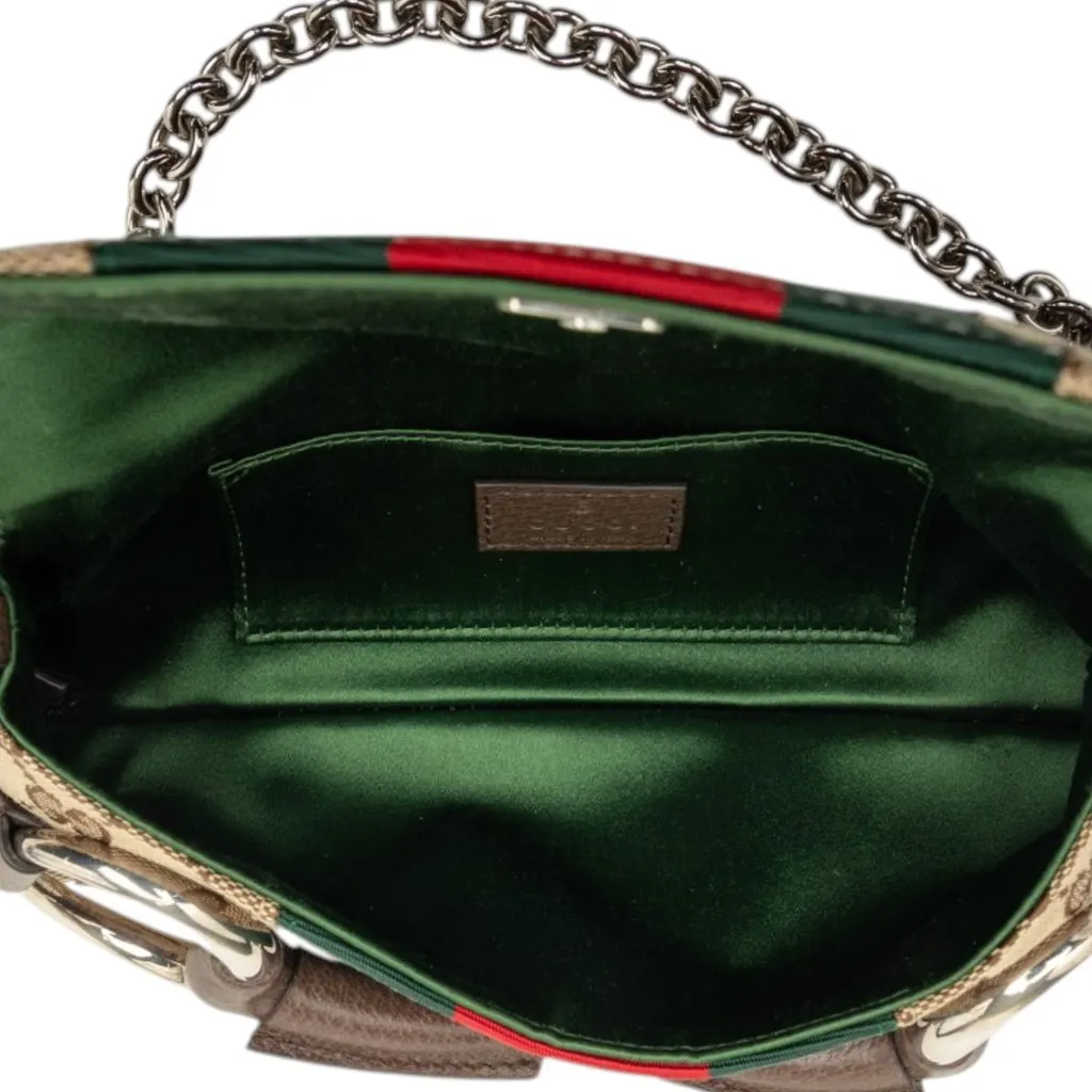 Gucci Small GG Canvas Horsebit Web Chain Satchel Beige Very good - Model View