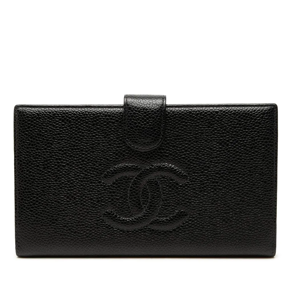 Chanel CC Caviar French Long Wallet Black Leather Very good - Front View