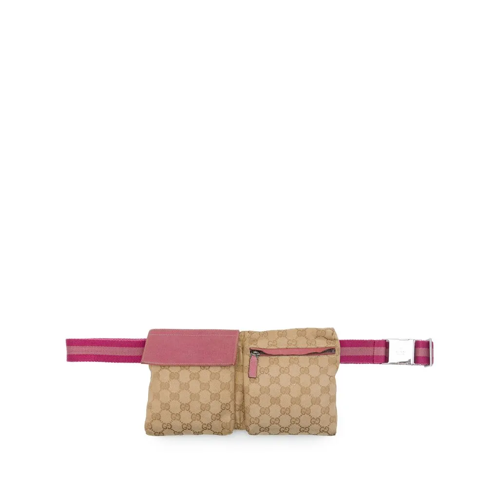 Gucci GG Canvas Web Double Pocket Belt Bag Beige Very good - Front View