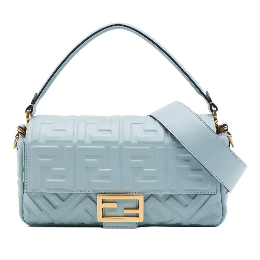 Fendi Zucca Embossed Leather Baguette Satchel Blue Leather Very good - Front View