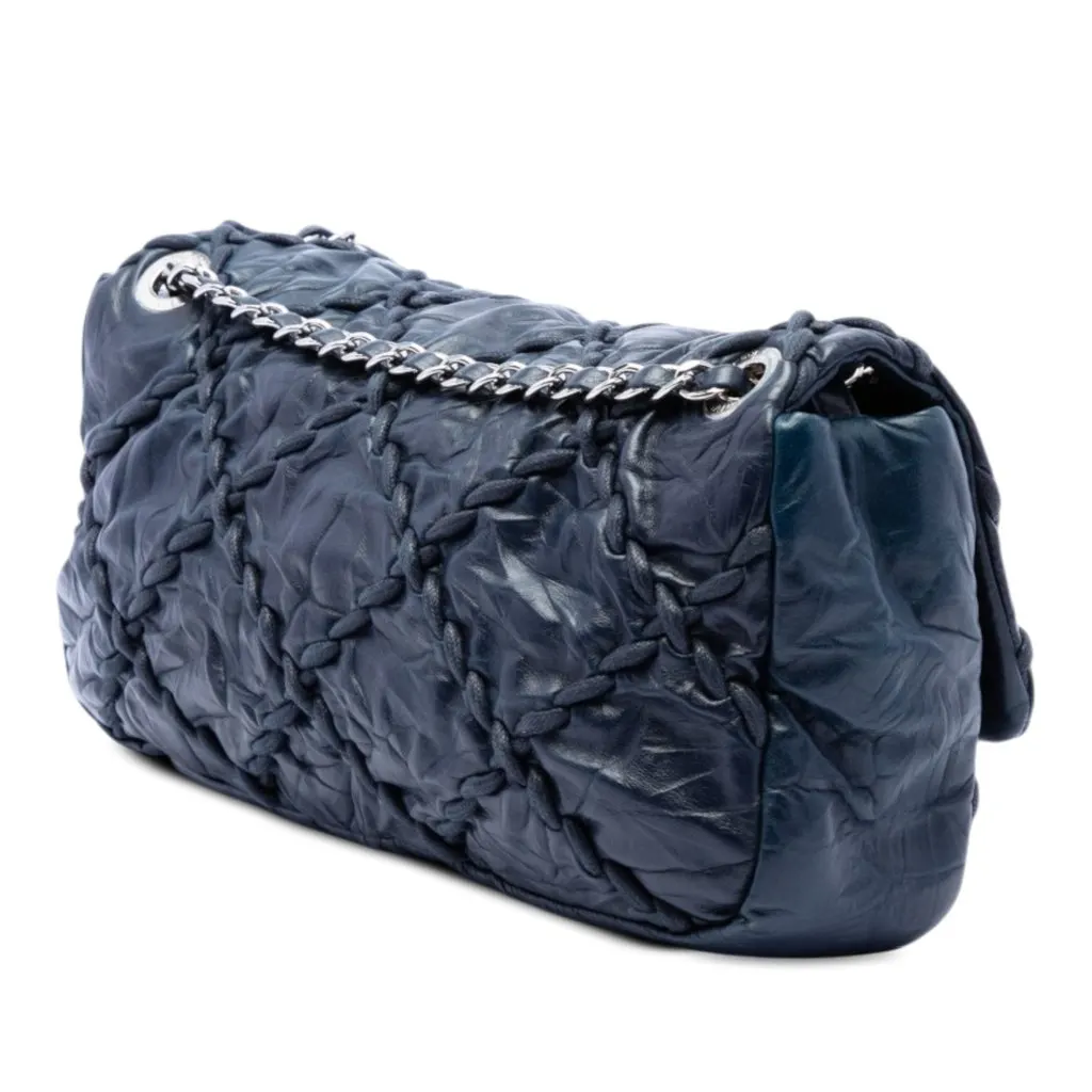 Chanel Medium Quilted Crinkled Calfskin Ultra Stitch Flap Blue Leather Very good - Back View