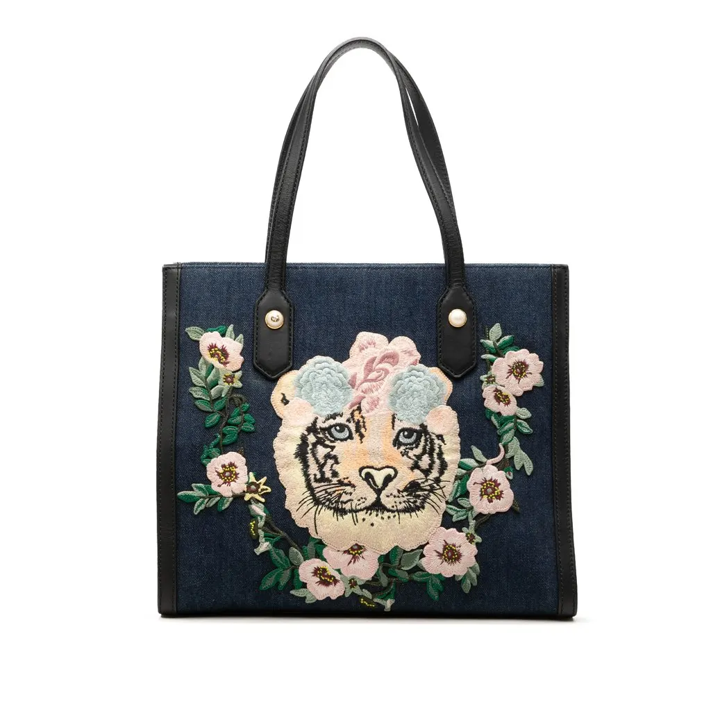 Gucci Denim Embroidered Tiger Tote Blue Very good - Front View