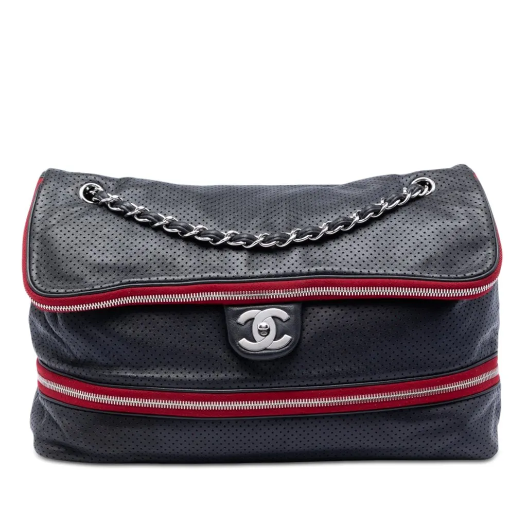 Chanel Perforated Calfskin Expandable Shoulder Bag Blue Leather Very good - Front View