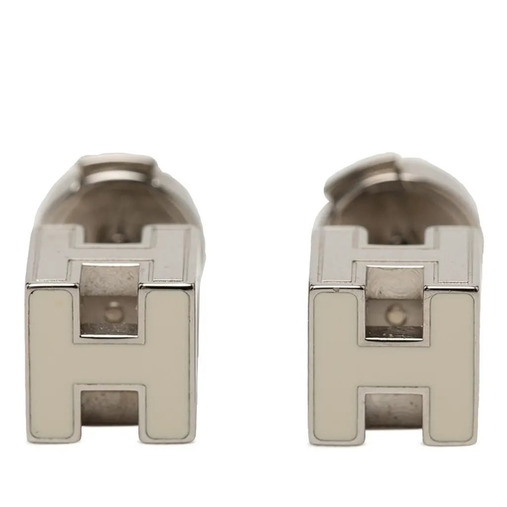 Hermès Palladium Plated and Enamel Cage D H Push Back Earrings Silver Metal Very good - Front View