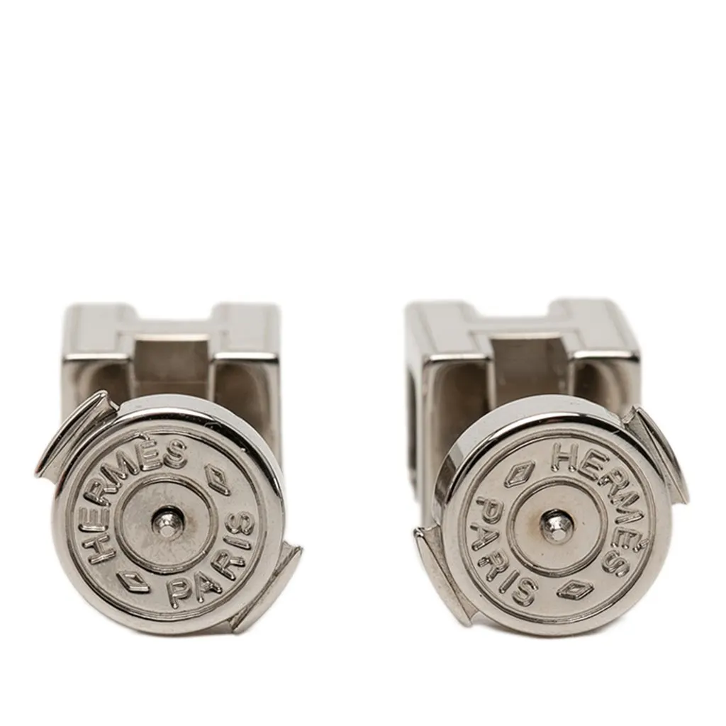 Hermès Palladium Plated and Enamel Cage D H Push Back Earrings Silver Metal Very good - Back View