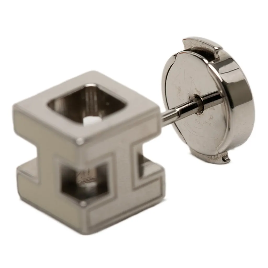 Hermès Palladium Plated and Enamel Cage D H Push Back Earrings Silver Metal Very good - Inside View