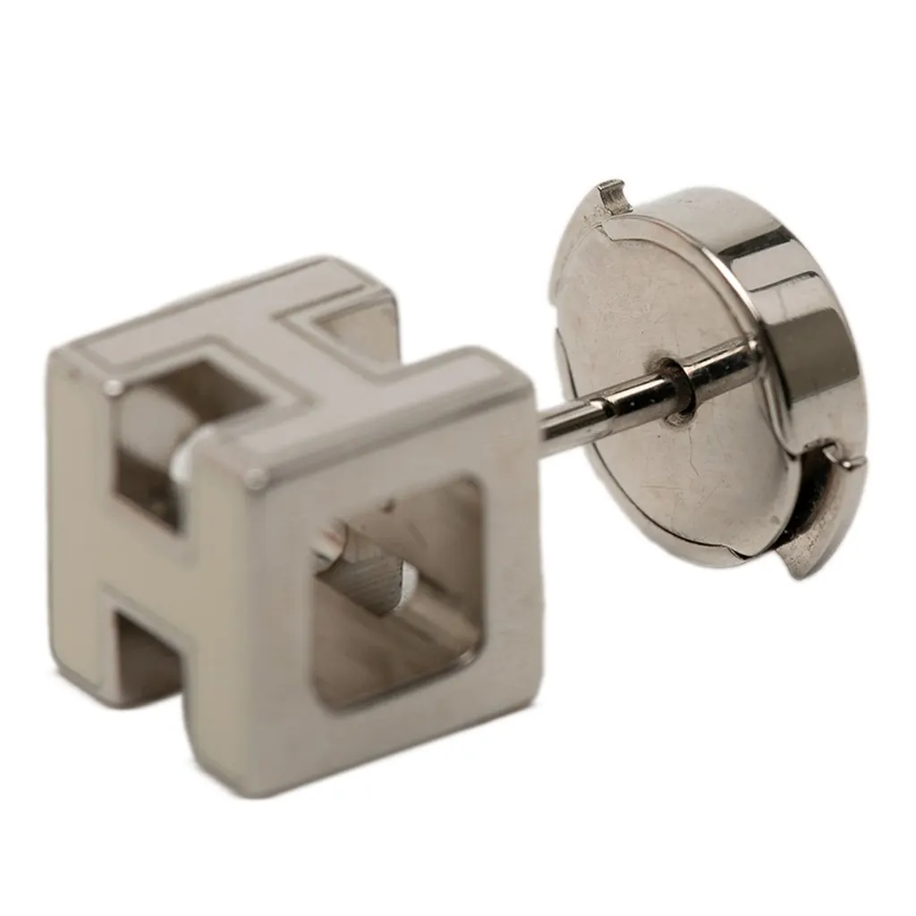 Hermès Palladium Plated and Enamel Cage D H Push Back Earrings Silver Metal Very good - Model View