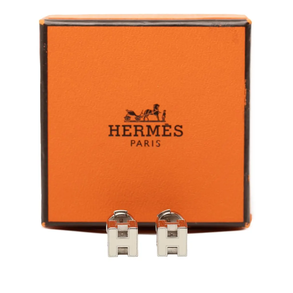 Hermès Palladium Plated and Enamel Cage D H Push Back Earrings Silver Metal Very good - Box View