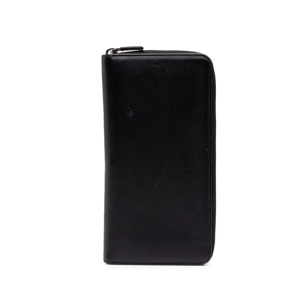 Prada Saffiano Zip Around Long Wallet Black Leather Good - Front View