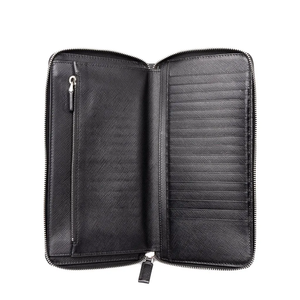 Prada Saffiano Zip Around Long Wallet Black Leather Good - Model View