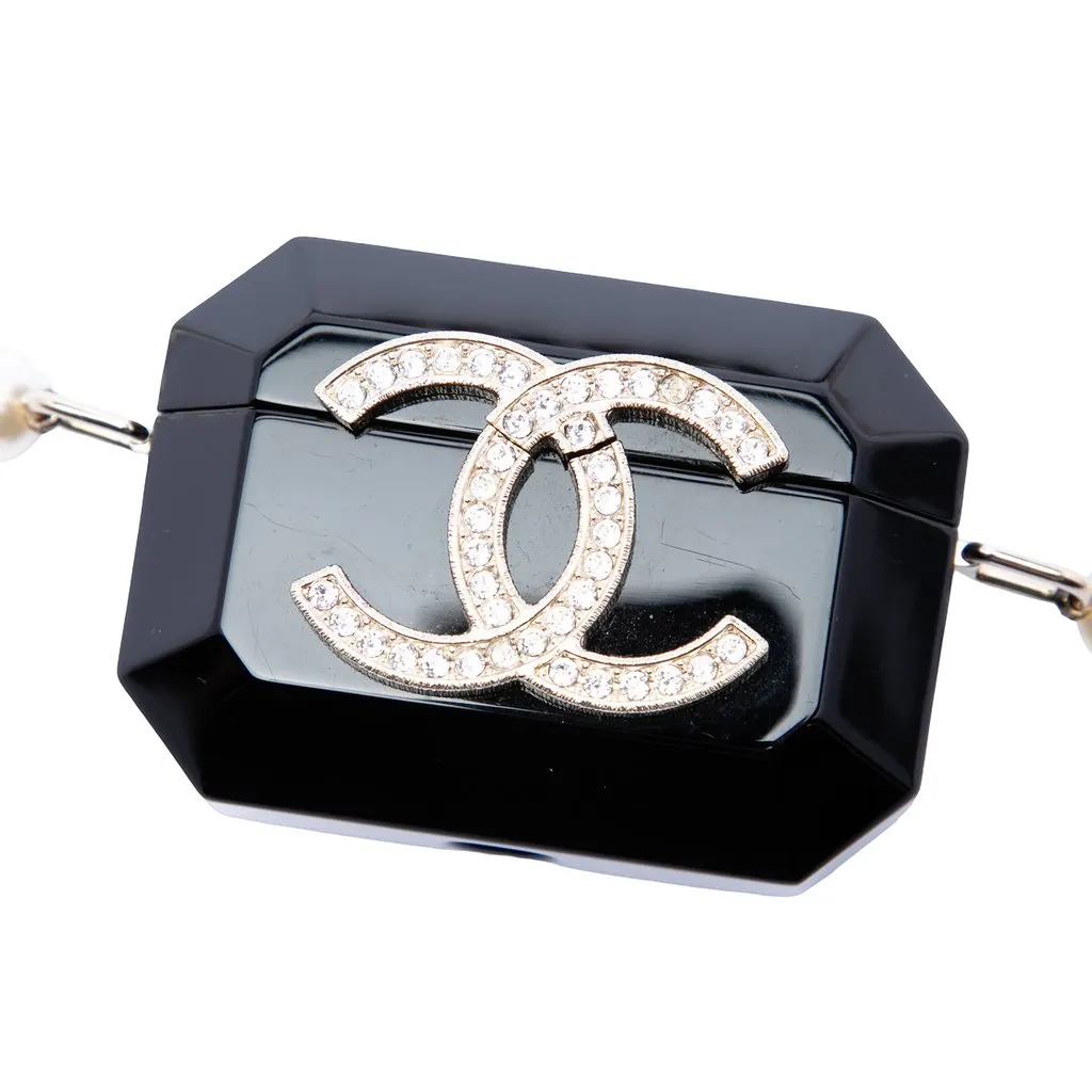 Chanel CC Resin Crystal Faux Pearl Airpods Pro Holder Necklace Bag Black Plastic Very good - Box View